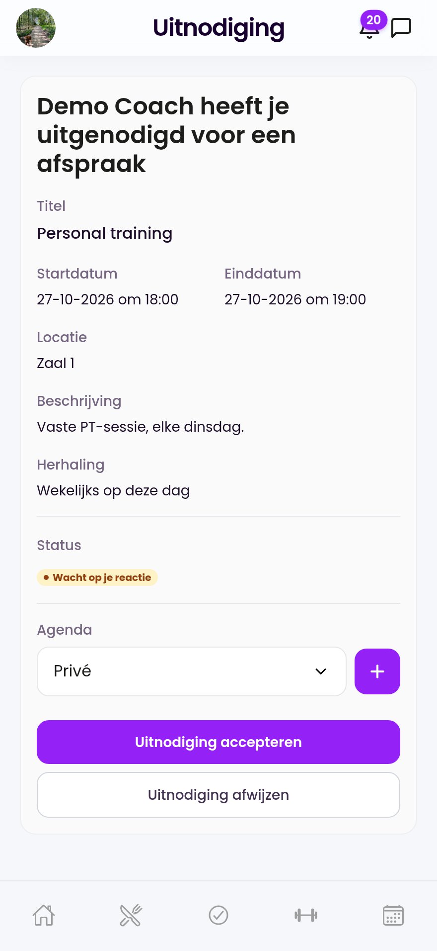 Uitnodiging verstuurd. Reactie direct zichtbaar.