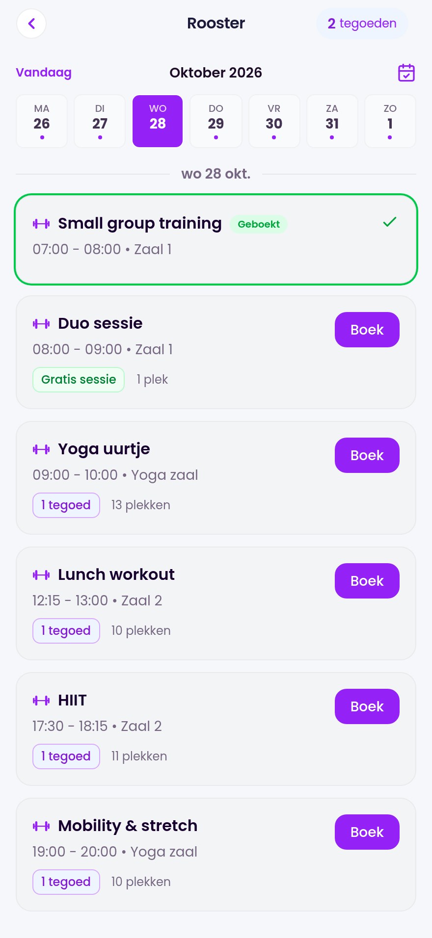 Jouw lessen. Klaar om geboekt te worden.